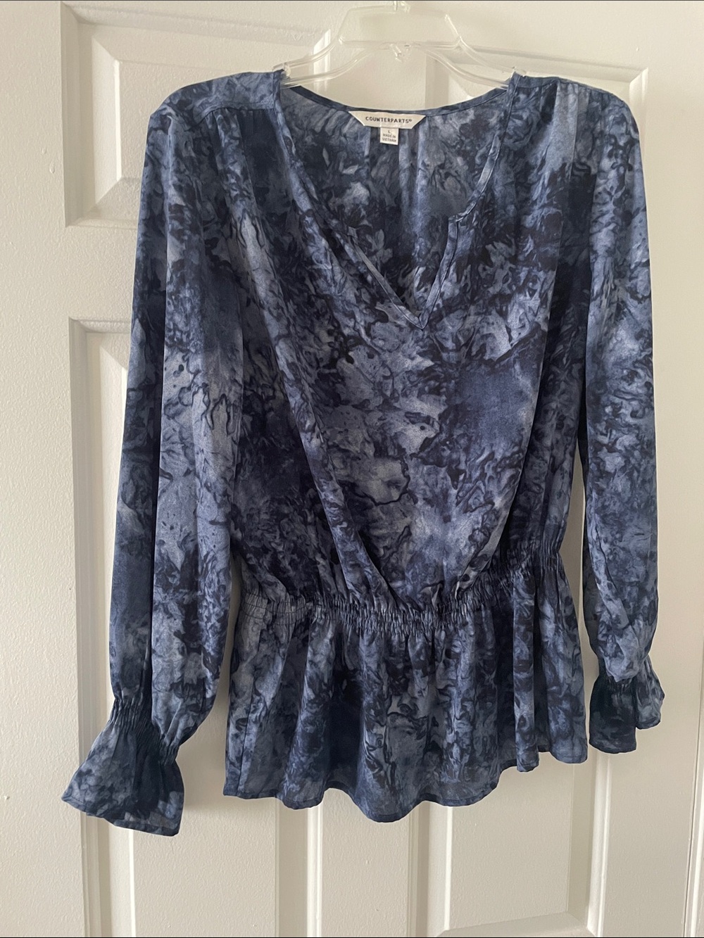 Counterparts Navy Marble-Print Wrap Peplum Blouse